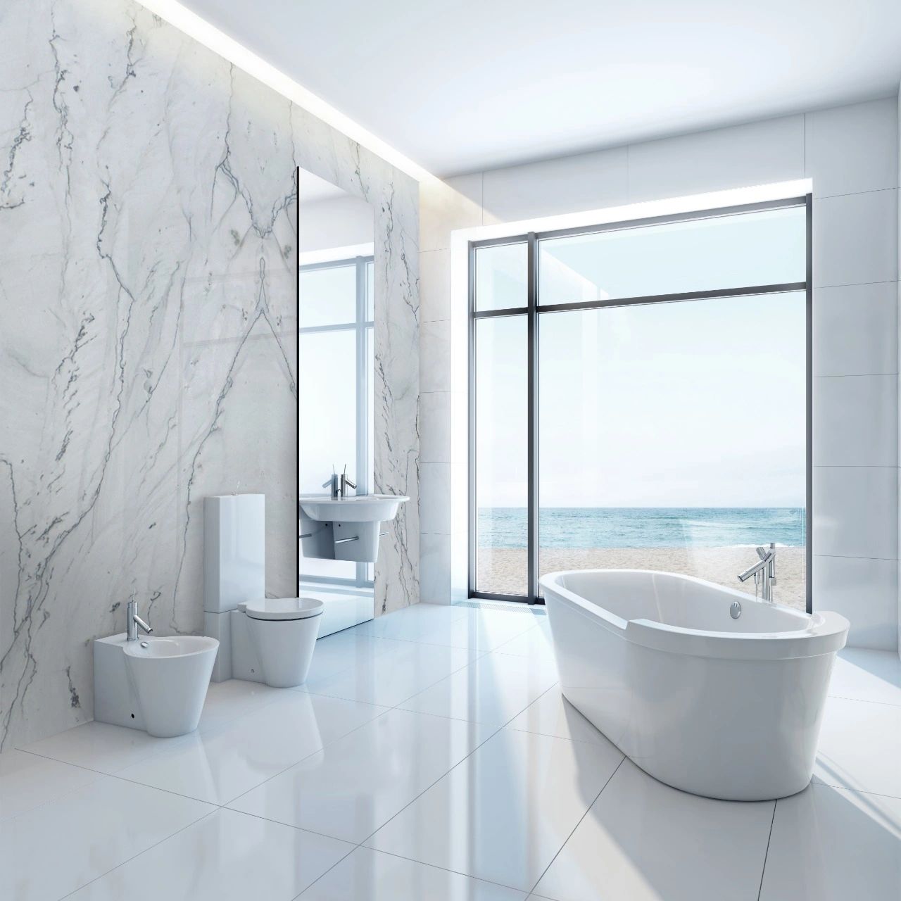 White Quartzite Slab Bathroom Walls with book matching pattern